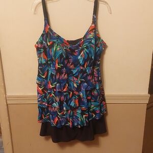 Great Lengths Tropical Black Multi Color Ruffle Skirted One Piece Bathing Sz 20